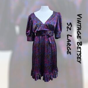 Betsey Johnson Vintage Large Purple Pink Faux Wrap "Deer" Design Pullover‎ Dress